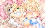  2girls :d animal antenna_hair bangs bare_arms bare_shoulders bed blonde_hair blue_bow blue_bra blue_eyes blue_legwear blue_panties blush bow bow_bra bow_panties bra braid breasts cat closed_eyes commentary_request eyebrows_visible_through_hair green_eyes hair_between_eyes hair_bow hair_intakes highres hug kamiya_tomoe large_breasts light_brown_hair long_hair lying multiple_girls navel on_back on_side open_mouth original panties pillow pink_bow pink_bra pink_panties red_bow ribbon-trimmed_bra ribbon-trimmed_panties ribbon_trim smile striped striped_legwear thigh-highs twintails underwear underwear_only very_long_hair 