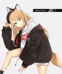  1girl animal_ears baseball_cap blonde_hair blue_eyes character_name collar dog_ears dog_tail hat hat_tip hat_with_ears highres hood hood_down hoodie jacket kmnz_lita long_hair mc_lita no_pants off_shoulder seka_(nearfark) smile tail v virtual_youtuber 