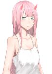  1girl :t absurdres blue_eyes breasts cleavage collarbone darling_in_the_franxx highres horns liudaohai6001 long_hair looking_at_viewer medium_breasts pink_hair shirt simple_background sketch sleeveless sleeveless_shirt solo upper_body very_long_hair white_background white_shirt zero_two_(darling_in_the_franxx) 