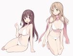  2girls :d :o arm_support bangs bare_arms bare_legs bare_shoulders barefoot bikini breasts brown_eyes brown_hair cleavage eyebrows_visible_through_hair fingernails fringe green_eyes grey_background hair_between_eyes hair_ornament hand_up highres itsumi_(itumiyuo) kneeling large_breasts light_brown_hair long_hair looking_at_viewer matsumi_kuro matsumi_yuu medium_breasts multiple_girls navel open_mouth parted_lips pink_scarf saki saki_achiga-hen scarf siblings simple_background sisters smile swimsuit very_long_hair white_bikini 