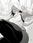  &gt;:d 1girl animal_ears armpits artist_name bare_shoulders boku_no_hero_academia breasts dark_skin gloves greyscale half-closed_eyes highleg highleg_leotard highres koyorin leotard long_hair looking_at_viewer medium_breasts mirko monochrome muscle muscular_female rabbit_ears simple_background solo teeth thigh-highs very_long_hair white_background 