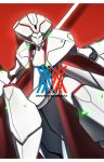 armor copyright_name darling_in_the_franxx drop_shadow green_eyes highres holding holding_weapon mecha murasaki_saki no_humans red_background robot solo standing strelizia weapon 