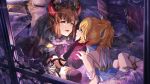  2girls artist_request bangs bare_shoulders black_gloves blonde_hair brown_hair chair crown demon_horns dress earrings elbow_gloves fur_collar fur_trim gloves green_eyes hagiwara_yukiho hand_holding horns hoshii_miki idolmaster idolmaster_million_live! idolmaster_million_live!_theater_days indoors jewelry looking_at_another multiple_girls official_art open_mouth short_hair smile thigh-highs tied_hair veil window 