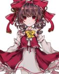  1girl blush bow commentary_request dress hair_between_eyes hair_ribbon hakurei_reimu long_hair long_sleeves looking_at_viewer multicolored multicolored_clothes multicolored_dress red_bow red_eyes red_ribbon redhead ribbon sato_imo solo touhou white_background yellow_bow 