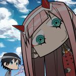 1boy 1girl absurdres bangs black_hair blue_eyes blue_sky bob_(nico_seiga) clouds cloudy_sky commentary_request couple darling_in_the_franxx day eyebrows_visible_through_hair green_eyes hair_ornament hairband hetero highres hiro_(darling_in_the_franxx) horns long_hair long_sleeves looking_at_viewer mecha military military_uniform necktie oni_horns orange_neckwear pink_hair red_horns red_neckwear short_hair sky strelizia uniform white_hairband zero_two_(darling_in_the_franxx) 