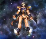  1boy armor ayo_(isy8800) black_hair boots dragon_ball dragonball_z evil_smile floating full_body glowing long_hair looking_at_viewer looking_down male_focus raditz scouter sky smile star star_(sky) starry_background starry_sky tail very_long_hair wristband 