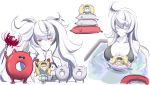  2girls alternate_hairstyle bath bikini black_bikini blonde_hair blue_shirt blush breasts chibi closed_eyes closed_mouth enemy_lifebuoy_(kantai_collection) escort_water_hime flower gambier_bay_(kantai_collection) hair_between_eyes highres kantai_collection long_hair looking_at_viewer medium_breasts multiple_girls red_eyes sela_chimorpha shirt simple_background swimsuit twintails white_background white_hair 