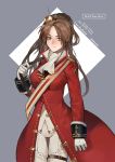  1girl absurdres blush braid breasts brown_hair bullet coat french_braid girls_frontline gloves green_eyes hair_ornament highres holding holding_strap lee-enfield_(girls_frontline) long_hair looking_at_viewer pants red_coat simple_background solo thigh-highs uniform white_gloves white_pants wonnie 