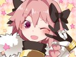  1boy :d astolfo_(fate) bangs blush elbow_gloves fang fate/apocrypha fate_(series) fur_trim gloves gorget hammer_(sunset_beach) male_focus one_eye_closed open_mouth pink_hair smile solo star trap upper_body violet_eyes w w_over_eye 