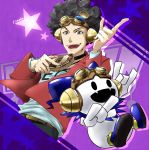  1boy afro artist_name belt black_hair brown_eyes cellphone curly_hair fangs fuse_tarou goggles goggles_on_head hat headphones highres jack_frost jewelry male_focus necklace open_mouth phone shin_megami_tensei shin_megami_tensei:_liberation_dx2 solo star teeth 