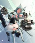  1girl animal_ears aqua_eyes aqua_hair armpits asymmetrical_hair bangs boots breasts cat_ears cleavage commentary_request elbow_gloves erect_nipples eyebrows_visible_through_hair feet_out_of_frame garter_straps gloves hair_ornament highres leg_up leotard long_hair looking_at_viewer mecha_musume mechanical_arms mechanical_wings medium_breasts natori_youkai open_mouth original sideboob solo standing standing_on_one_leg thigh-highs white_legwear wings 