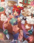  1girl baozi breasts copyright_name cuboon flower food green_eyes hair_flower hair_ornament large_breasts lost_crusade navel official_art redhead short_hair solo steam 