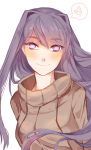 1girl beige_sweater blush commentary doki_doki_literature_club english_commentary eyebrows_visible_through_hair hair_between_eyes hair_ornament hairclip heart heart-shaped_pupils highres long_hair looking_at_viewer marilatte purple_hair ribbed_sweater simple_background smile solo spoken_heart sweater symbol-shaped_pupils upper_body violet_eyes white_background yuri_(doki_doki_literature_club) 