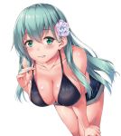  1girl aqua_hair awa_yume bikini black_bikini blush breasts cleavage collarbone flower green_eyes grip hair_flower hair_ornament hand_on_own_leg kantai_collection large_breasts leaning_forward long_hair looking_at_viewer short_shorts shorts simple_background solo strap_gap strap_pull suzuya_(kantai_collection) swimsuit upper_body white_background 