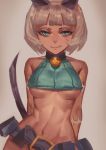  1girl animal_ears arms_behind_back bangs bare_shoulders belt blue_eyes blunt_bangs breasts cat_ears closed_mouth commentary_request contrapposto crop_top fang_out grey_background grey_hair looking_at_viewer medium_breasts ms._fortune_(skullgirls) navel scar short_hair simple_background skullgirls slit_pupils smile solo standing sword under_boob weapon zakusi 