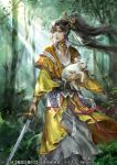  1girl animal artist_name belt black_eyes black_hair black_legwear copyright_name forest hair_ornament holding holding_animal houjyoh jewelry lamb looking_to_the_side nature official_art outdoors plant ponytail sengoku_taisen solo standing sunlight tree watermark 