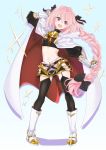  1boy :d adapted_costume artist_name astolfo_(fate) black_legwear blush boots braid cape crop_top fang fate/apocrypha fate/grand_order fate_(series) garter_straps gauntlets hair_ribbon highres long_hair male_focus navel open_mouth pink_hair ribbon signature single_braid smile solo tanaka_kii thigh-highs trap v-shaped_eyebrows very_long_hair violet_eyes white_footwear 