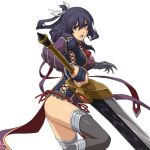  1girl akatsuki_no_kiseki ao_no_kiseki black_legwear boots breasts cowboy_shot cross-laced_clothes dress eiyuu_densetsu gauntlets greatsword hair_ribbon hair_rings highres medium_breasts official_art open_mouth pelvic_curtain purple_hair ribbon rixia_mao short_hair simple_background solo sword thigh-highs thigh_boots thighs violet_eyes weapon white_background zero_no_kiseki 