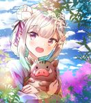  1girl :d animal animal_hug bangs blue_sky blush boar chinese_zodiac clouds cloudy_sky commentary_request day emilia_(re:zero) eyebrows_visible_through_hair flower hair_flower hair_ornament hair_ribbon jacket looking_at_viewer melings_(aot2846) open_mouth outdoors purple_flower purple_jacket purple_ribbon re:zero_kara_hajimeru_isekai_seikatsu ribbon rose sidelocks silver_hair sky smile solo upper_body white_flower white_rose year_of_the_pig 