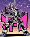  1boy belt bodysuit character_name full_body gradient gradient_background helmet kamen_rider kamen_rider_zi-o kamen_rider_zi-o_(series) katana_(life_is_beautiful) male_focus outstretched_hand pose purple_background simple_background star starry_background 