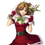  1girl adjusting_headwear ahoge akatsuki_no_kiseki alternate_costume anelace_elfead belt bow breasts brown_hair christmas cleavage cowboy_shot dress eiyuu_densetsu fur_trim gloves hairband hood looking_at_viewer official_art open_mouth santa_costume short_hair simple_background small_breasts smile solo sora_no_kiseki violet_eyes white_background 