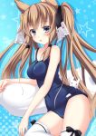  1girl :o animal_ears bangs bare_arms bare_shoulders black_bow blue_background blue_eyes blue_swimsuit bow collarbone commentary_request eyebrows_visible_through_hair hair_between_eyes hair_ribbon highres light_brown_hair long_hair old_school_swimsuit one-piece_swimsuit original parted_lips ribbon school_swimsuit solo star starry_background swimsuit thigh-highs twintails usaginezumi very_long_hair white_legwear white_ribbon 