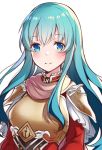  1girl aqua_hair blue_eyes breastplate close-up closed_mouth cute eirika eirika_(fire_emblem) female_focus fire_emblem fire_emblem:_seima_no_kouseki fire_emblem:_the_sacred_stones fire_emblem_8 fire_emblem_heroes highres intelligent_systems long_hair looking_at_viewer moe nintendo parted_lips ringozaka_mariko shoulder_armor simple_background smile solo white_background 