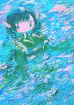  1girl abstract aqua_eyes bangs blue_hair breasts expressionless green_kimono head_fins hito_(nito563) impressionism japanese_clothes kimono long_sleeves looking_at_viewer mermaid monster_girl partially_submerged short_hair solo touhou wakasagihime water wide_sleeves 
