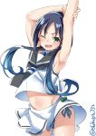 1girl armpits blue_hair blue_panties commentary_request cowboy_shot ebifurya eyebrows_visible_through_hair green_eyes hair_ribbon hands_up highres kantai_collection long_hair looking_at_viewer low_twintails midriff navel one_eye_closed open_mouth panties ribbon school_uniform serafuku side-tie_panties simple_background sleeveless solo suzukaze_(kantai_collection) twintails twitter_username underwear white_background 