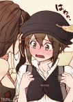  2girls blush brown_hair embarrassed green_eyes hat jewelry long_hair multiple_girls necklace octopath_traveler open_mouth ponytail primrose_azelhart short_hair simple_background smile tressa_(octopath_traveler) you_haruka 