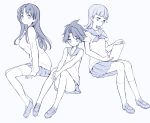  3girls bangs bare_arms bare_shoulders blunt_bangs character_request closed_mouth eyebrows_visible_through_hair fingernails highres holding holding_tablet interlocked_fingers itsumi_(itumiyuo) kneehighs loafers long_hair long_sleeves messy_hair monochrome multiple_girls neckerchief no_socks own_hands_together sailor_collar saki school_uniform serafuku shirt shoes short_hair short_sleeves sleeveless sleeveless_shirt sleeves_past_wrists smile tablet tablet_pc thigh-highs very_long_hair 