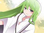  1boy bangs blue_eyes closed_mouth dutch_angle enkidu_(fate/strange_fake) eyebrows_visible_through_hair fate/strange_fake fate_(series) green_hair hammer_(sunset_beach) jewelry long_sleeves looking_at_viewer male_focus necklace robe smile solo upper_body wide_sleeves 