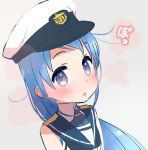  1girl blue_eyes blue_hair blush chestnut_mouth commentary_request hat kantai_collection long_hair looking_at_viewer nose_blush peaked_cap sailor_collar samidare_(kantai_collection) solo yoru_nai 