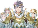  1boy 3girls aqua_eyes armor blonde_hair blue_hair brother_and_sister closed_eyes closed_mouth crown earrings family feather_trim fire_emblem fire_emblem_heroes fjorm_(fire_emblem_heroes) gradient_hair gunnthra_(fire_emblem) hamomo_fe hrid_(fire_emblem_heroes) jewelry long_hair long_sleeves multicolored_hair multiple_girls open_mouth pink_hair short_hair shoulder_armor siblings silver_hair simple_background sisters smile veil violet_eyes white_background ylgr_(fire_emblem_heroes) 