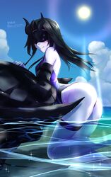  1girl ass black_hair blue_skin blue_sky blush breasts closed_mouth clouds cloudy_sky competition_swimsuit horn horns kantai_collection light_cruiser_hime long_hair looking_at_viewer mask mochitsu_jou ocean one-piece_swimsuit shinkaisei-kan sky small_breasts smile solo sun sunlight swimsuit wet wet_clothes 