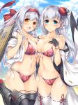  2girls azur_lane bikini blue_eyes blush boots breasts brown_eyes cleavage commentary_request flight_deck gloves grey_hair hair_ornament hairband highres kantai_collection large_breasts long_hair looking_at_viewer mantarousan mole mole_under_eye multiple_girls namesake open_mouth partly_fingerless_gloves red_bikini ribbon-trimmed_legwear ribbon_trim shoukaku_(azur_lane) shoukaku_(kantai_collection) smile swimsuit thigh-highs thigh_boots white_legwear 