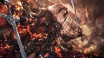  1girl armor armored_dress army azomo bangs banner black_armor black_capelet black_cloak black_dress black_gloves blurry breasts capelet cowboy_shot depth_of_field dragon dress dutch_angle eyebrows_visible_through_hair fate/grand_order fate_(series) faulds fire from_below fur-trimmed_cloak fur_collar gauntlets gloves grey_hair hair_between_eyes headpiece highres holding holding_sword holding_weapon jeanne_d&#039;arc_(alter)_(fate) jeanne_d&#039;arc_(fate)_(all) large_breasts looking_away outdoors plackart planted_sword planted_weapon short_hair smile smirk smoke standing sword tsurime weapon white_hair wind yellow_eyes 