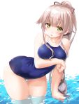  1girl blue_swimsuit blush breasts dd_(ijigendd) eyebrows_visible_through_hair hair_ornament kantai_collection large_breasts long_hair looking_at_viewer open_mouth pink_hair ponytail solo swimsuit very_long_hair water yellow_eyes yura_(kantai_collection) 