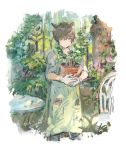  1girl animal_ears apron bangs brown_hair chair closed_mouth garden gloves green_eyes hair_between_eyes holding_plant mikebosi original outdoors plant potted_plant shirt short_hair signature sleeves_rolled_up solo standing table 