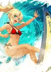  1girl artist_request bikini blonde_hair breasts fate/grand_order fate_(series) green_eyes hair_ornament hair_scrunchie highres long_hair looking_at_viewer medium_breasts mordred_(fate) mordred_(fate)_(all) mordred_(swimsuit_rider)_(fate) ocean open_mouth outdoors red_bikini red_scrunchie scrunchie side-tie_bikini solo surfboard surfing swimsuit water waves 