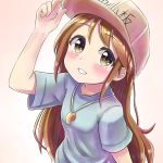  1girl :d arm_up bangs blue_shirt blush breasts brown_background brown_eyes brown_hair character_name clothes_writing eyebrows_visible_through_hair fingernails flat_cap gradient gradient_background grey_hat hair_between_eyes hand_on_headwear hat hataraku_saibou highres jd_(bibirijd) looking_at_viewer open_mouth platelet_(hataraku_saibou) shirt short_sleeves small_breasts smile solo whistle 