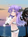  1girl ahoge ass azur_lane bangs bare_arms bare_shoulders beach bikini black_ribbon blush breasts butt_crack clouds commentary_request eyebrows_visible_through_hair hair_between_eyes hair_bun hair_ribbon highres horizon kumaneko_rococo long_hair looking_at_viewer looking_to_the_side object_hug ocean one_side_up outdoors palm_tree parted_lips purple_hair ribbon side_bun sky small_breasts solo standing stuffed_animal stuffed_toy stuffed_unicorn sun sunset swimsuit tree unicorn_(azur_lane) very_long_hair violet_eyes water white_bikini 