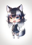  1girl animal_ears arms_at_sides black_hair blazee blue_eyes chibi extra_ears eyebrows_visible_through_hair fang full_body fur_collar gloves gradient_hair grey_wolf_(kemono_friends) hair_between_eyes heterochromia kemono_friends long_hair long_sleeves looking_at_viewer multicolored_hair necktie plaid plaid_neckwear plaid_skirt shiny shiny_hair sidelocks skirt solo st.takuma tail thigh-highs two-tone_hair white_gloves white_hair wolf_ears wolf_girl wolf_tail yellow_eyes zettai_ryouiki 
