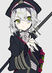 1boy bangs black_hat black_jacket bracer crossed_bangs eyebrows_visible_through_hair green_eyes grey_background grey_hair hair_between_eyes hat highres hotarumaru jacket long_sleeves looking_at_viewer mochizuki_kei ringed_eyes short_hair simple_background solo sword touken_ranbu weapon weapon_on_back