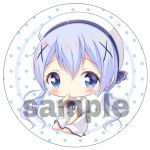  1girl bangs beret big_head blue_eyes blue_hair blush chibi dress eyebrows_visible_through_hair gochuumon_wa_usagi_desu_ka? hair_between_eyes hair_ornament hand_up hat inahori kafuu_chino kafuu_chino&#039;s_school_uniform looking_at_viewer lowres polka_dot puffy_short_sleeves puffy_sleeves sailor_collar sailor_dress sample school_uniform seiza short_sleeves sitting solo twintails white_dress white_hat white_sailor_collar x_hair_ornament 