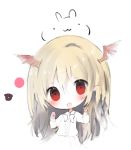  1girl :d bangs bat_wings blonde_hair blush bow collared_shirt cottontailtokki eyebrows_visible_through_hair fang hair_between_eyes head_wings long_hair long_sleeves open_mouth pointy_ears red_eyes red_wings shadowverse shirt simple_background skirt smile solo vampy very_long_hair white_background white_bow white_shirt white_skirt wings 
