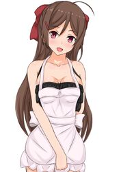  1girl apron bikini black_bikini blush breasts brown_hair eyebrows_visible_through_hair hair_between_eyes kantai_collection large_breasts linfa_lm long_hair looking_at_viewer mamiya_(kantai_collection) open_mouth pink_eyes simple_background solo swimsuit swimsuit_under_clothes white_apron white_background 