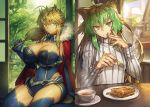  2girls ahoge animal_ears artoria_pendragon_(all) artoria_pendragon_(lancer) atalanta_(fate) bangs blue_legwear blue_leotard braid breasts cape cat_ears chair cleavage cleavage_cutout closed_mouth covered_navel crown cup detached_sleeves eating eyebrows_visible_through_hair fate/grand_order fate_(series) finger_to_mouth fork french_braid fur-trimmed_cape fur_trim gradient_hair green_eyes green_hair hair_between_eyes holding holding_fork house indoors large_breasts leotard looking_at_viewer melon22 multicolored_hair multiple_girls plate red_cape ribbed_sweater shouji sidelocks sitting sliding_doors smile steam sweater table tatami tree turtleneck turtleneck_sweater two-tone_hair window 