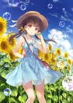  1girl :o bag bare_arms bare_shoulders blue_dress blue_sky blush bow brown_hair bubble bubble_pipe clouds cloudy_sky collarbone commentary_request day dress field flower flower_field fukahire_(ruinon) hair_bow hat holding long_hair looking_at_viewer low_twintails original outdoors parted_lips red_eyes sailor_collar sailor_dress shoulder_bag sky sleeveless sleeveless_dress solo sunflower twintails white_sailor_collar yellow_bow yellow_flower 
