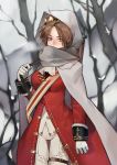  1girl absurdres blush breasts brown_hair bullet cloak coat girls_frontline gloves green_eyes gun hair_ornament highres holding holding_strap hood hooded_cloak lee-enfield lee-enfield_(girls_frontline) long_hair looking_at_viewer pants red_coat rifle solo tree uniform weapon white_gloves white_pants wonnie 